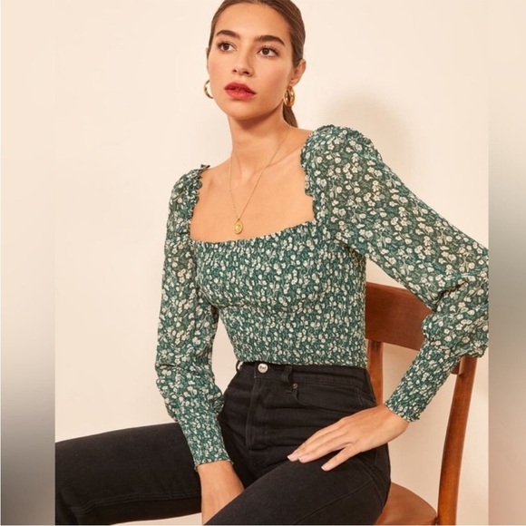 Reformation green floral pinto long sleeve smocked blouse top XS - Picture 3 of 14